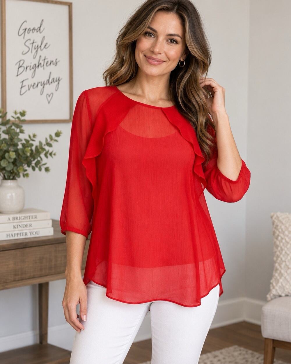 Worthington Women’s Red Ruffle Sheer Blouse Size M